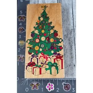 Christmas Holiday Tree Gifts Decorated Ornaments Rubber Stamp Wood #B87